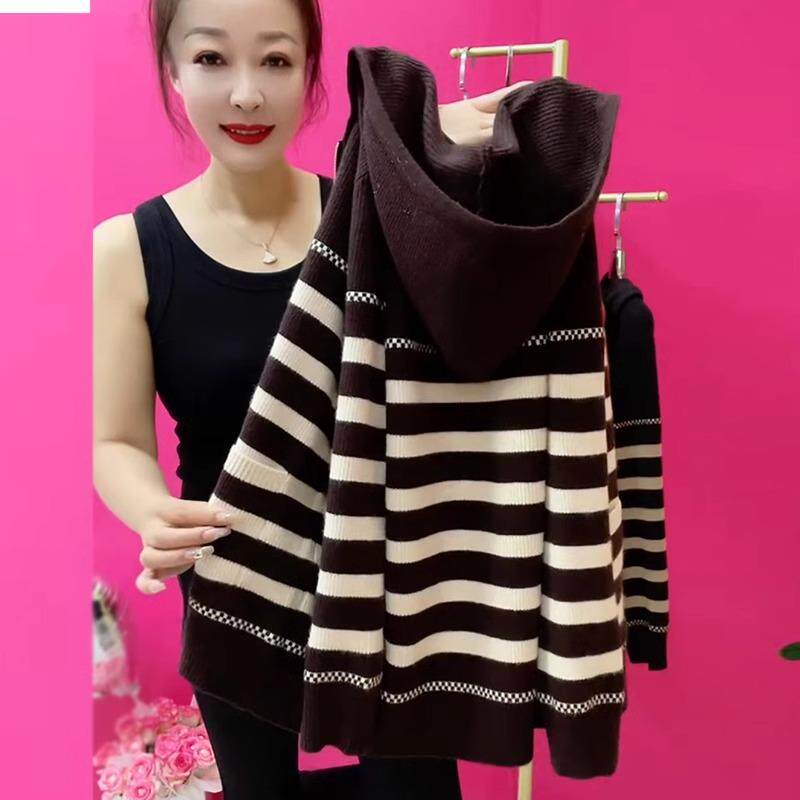 JOYIASS连帽外穿搭针织开衫女春秋条纹妈妈纯色上衣洋气宽松毛衣