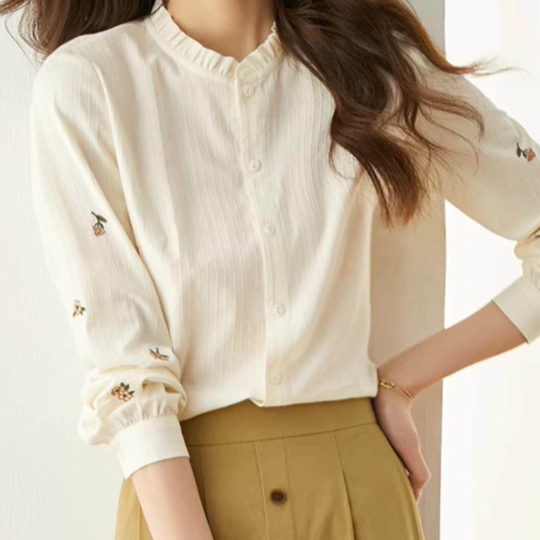 BLLOUKE女装木耳边立领衬衫女设计感刺绣长袖上衣秋