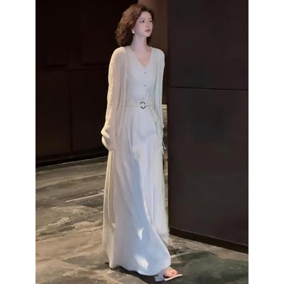JOYIASS早秋新款大方得体穿搭一整套端庄优雅白色无袖连衣裙开衫