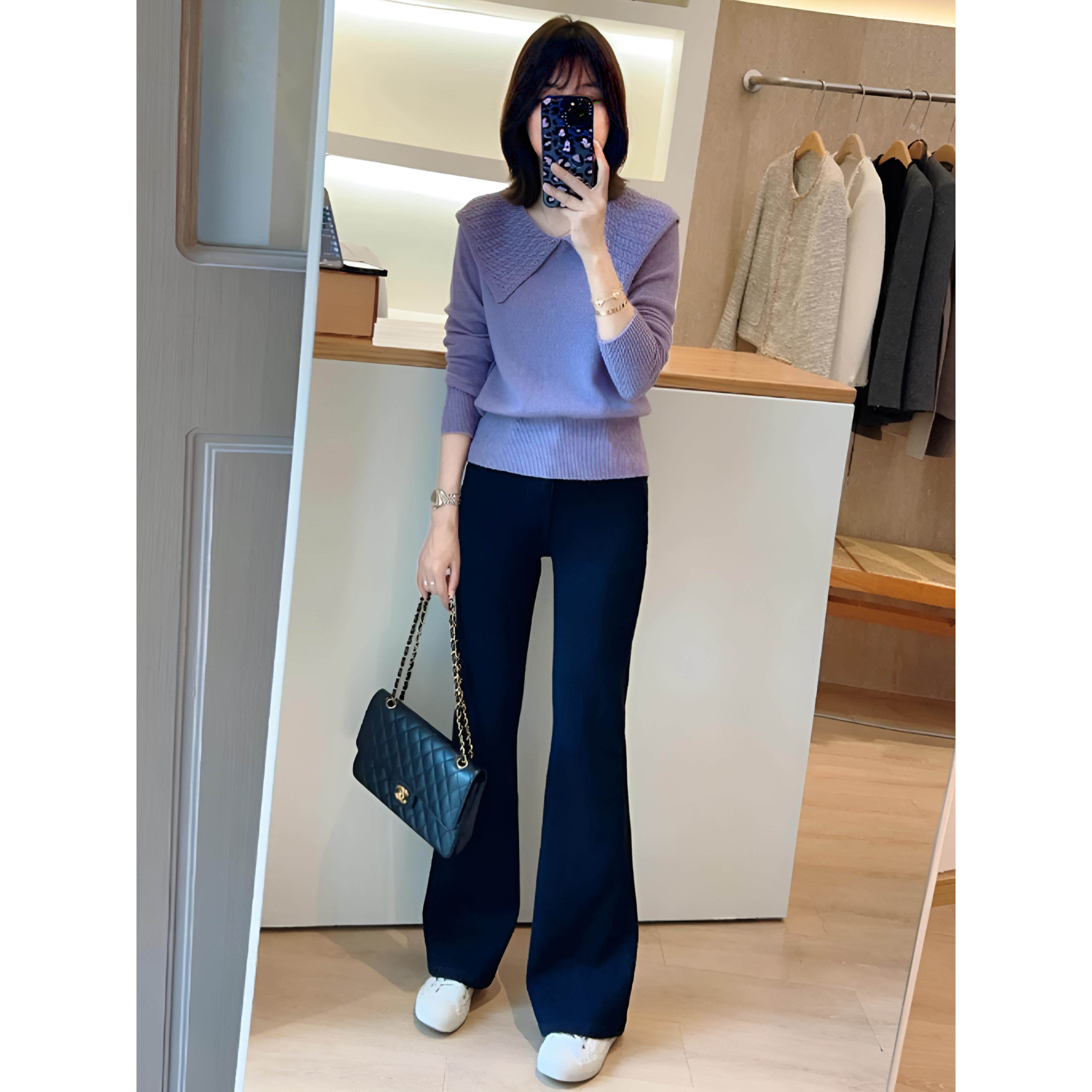 JOYIASS韩版紫色大翻领针织衫微喇休闲裤两件套女秋季显瘦气质通