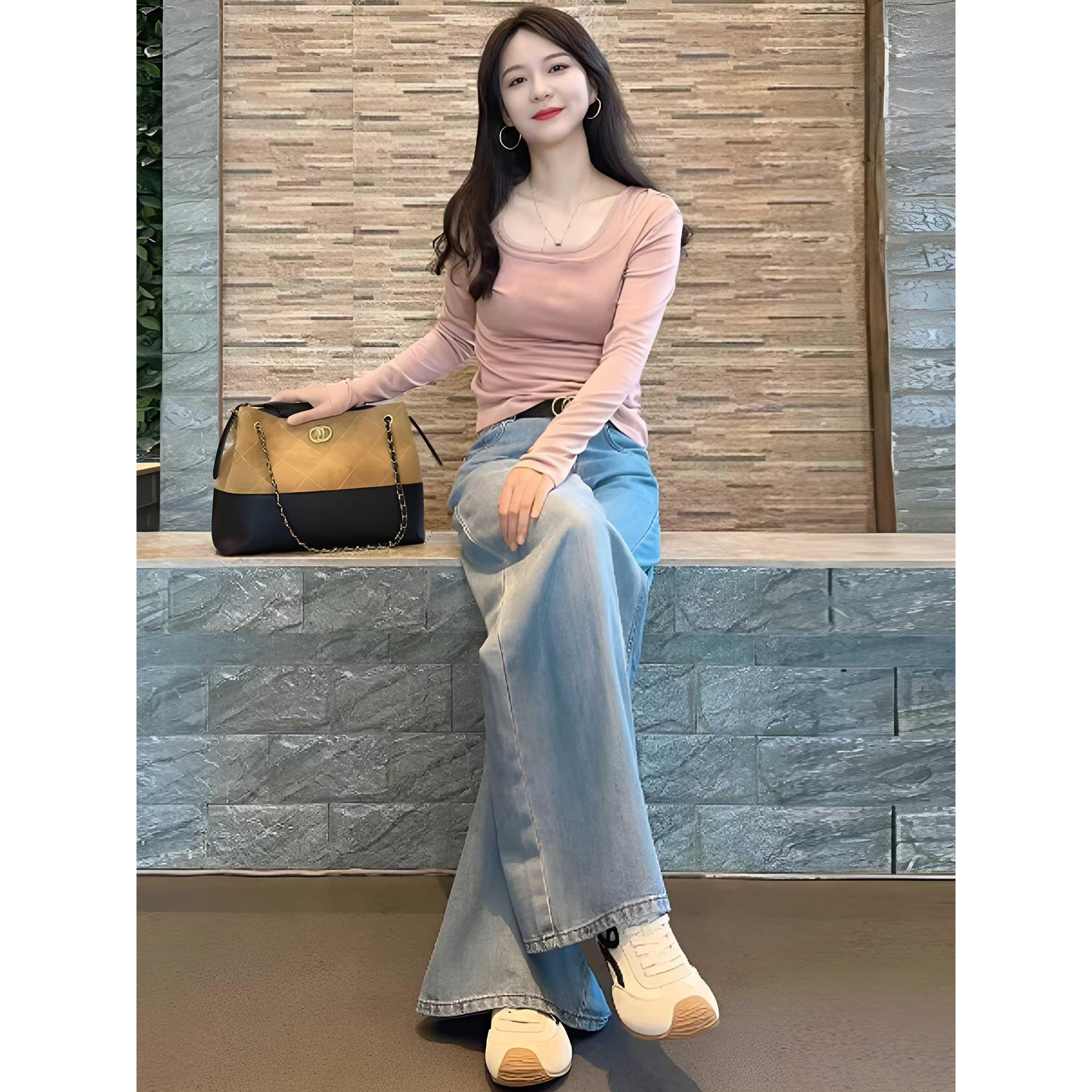 JOYIASS韩系一整套ootd穿搭轻熟风显瘦减龄粉色上衣牛仔裤两件套