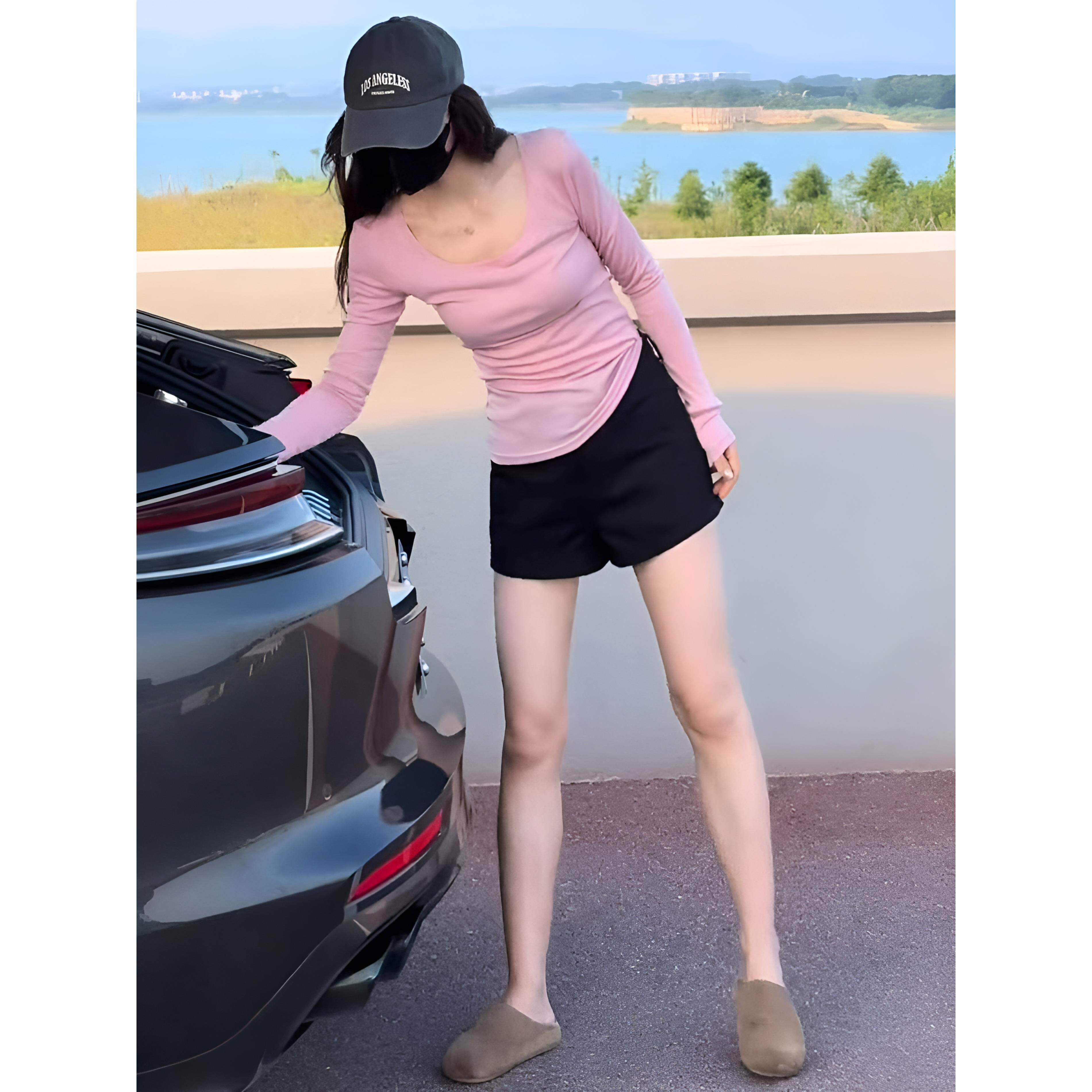 JOYIASS2025早秋穿搭一整套韩系减龄修身显瘦粉色长袖上衣短裤两