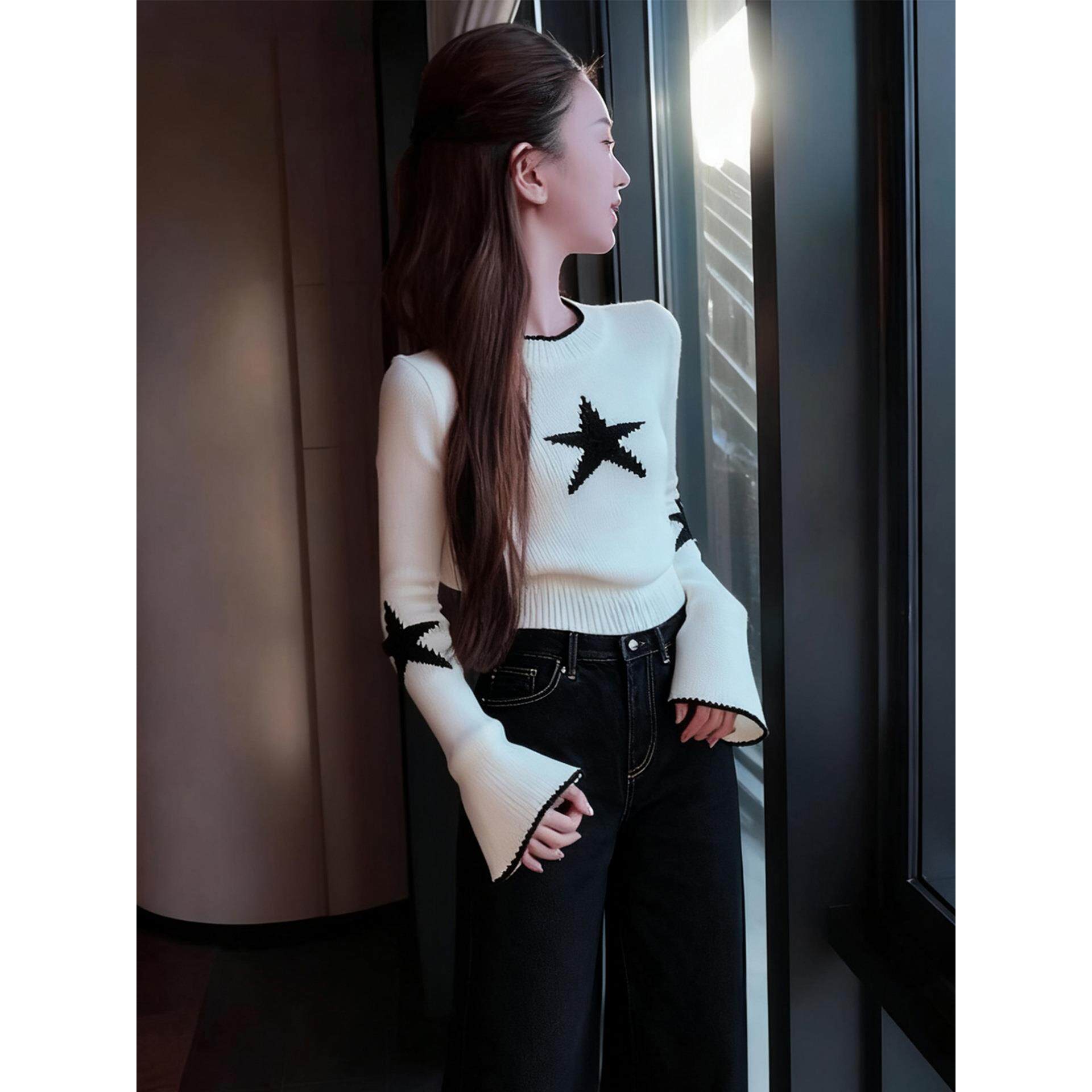JOYIASS韩系星星图案白色毛衣女秋冬季慵懒高级感减龄上衣阔腿裤