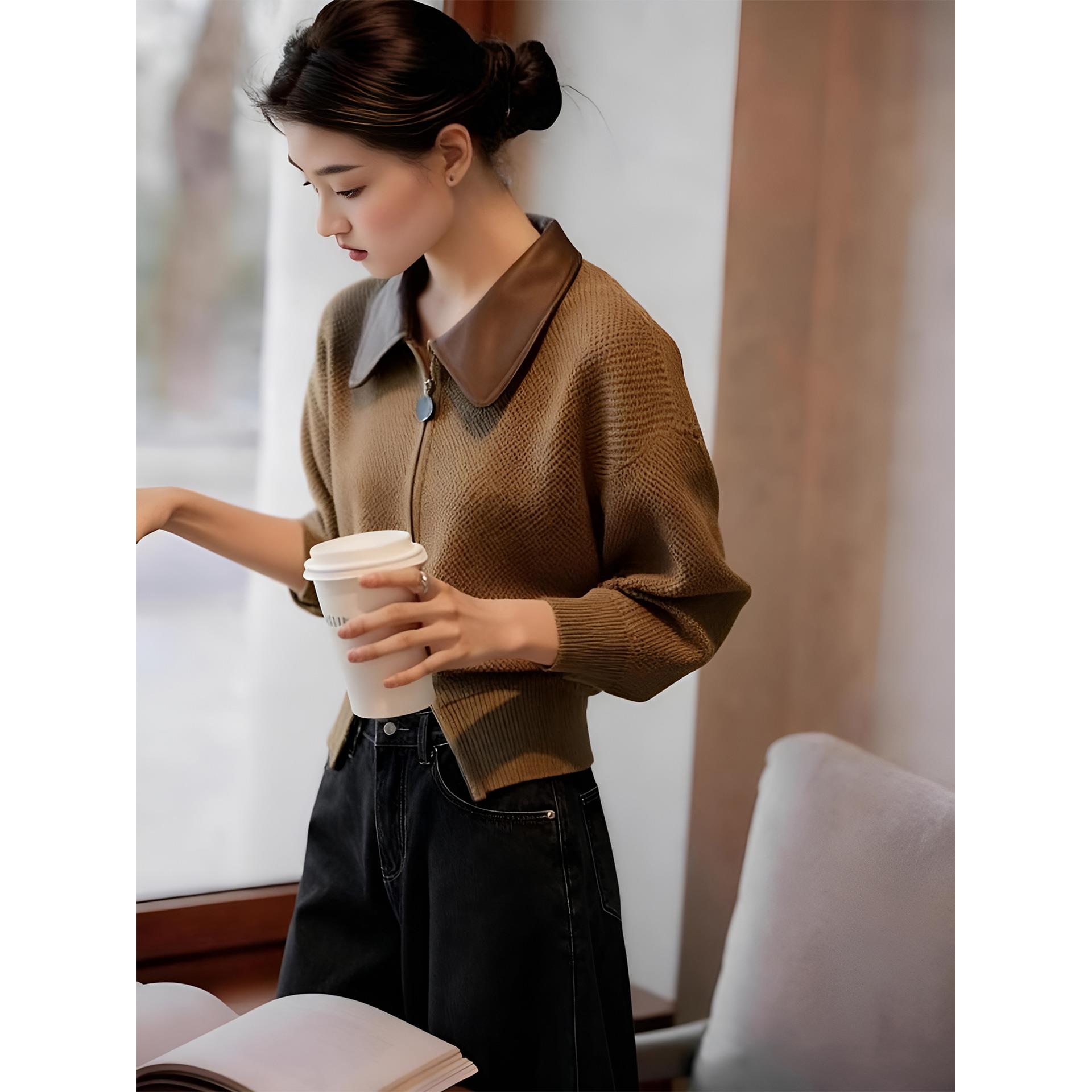 JOYIASS小个子一整套ootd穿搭覆古撞色翻领针织开衫牛仔裤两件套