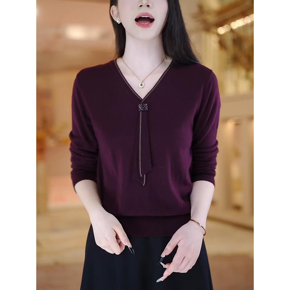 JOYIASS气质减龄针织衫女秋冬V领纯色休闲上衣洋气宽松内搭打底毛