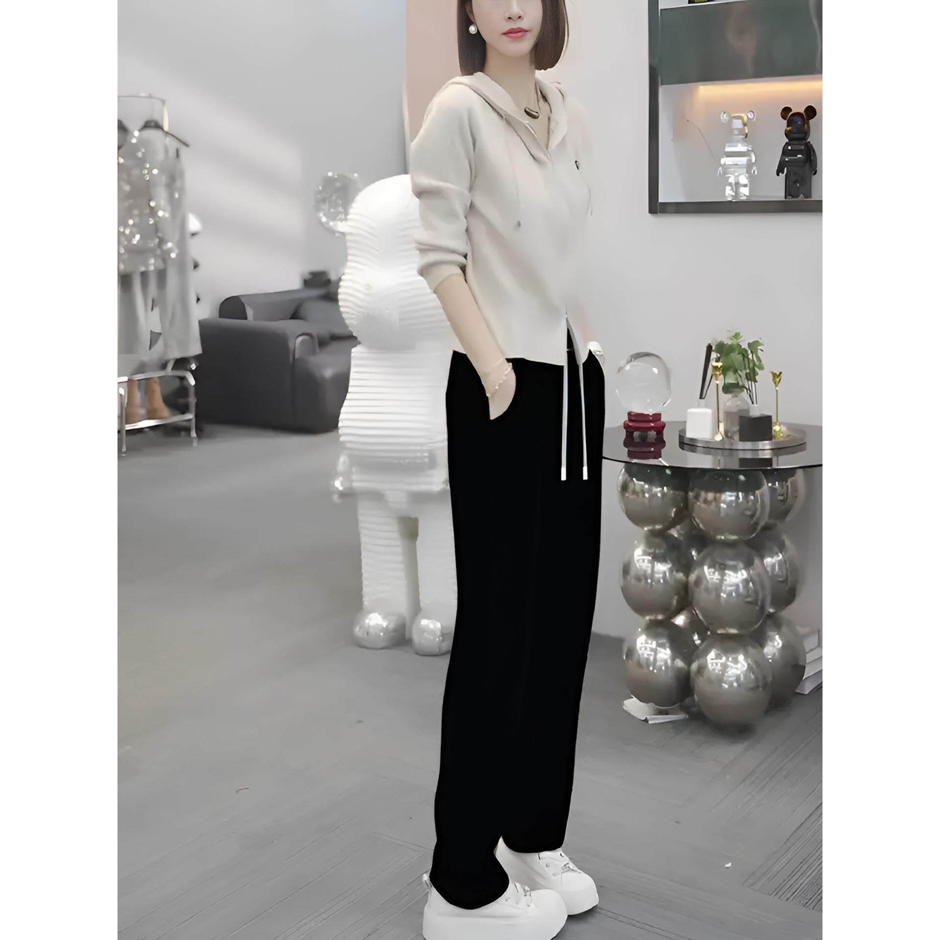 JOYIASS韩系休闲套装女燕麦色连帽针织上衣黑色高腰阔腿裤秋季时