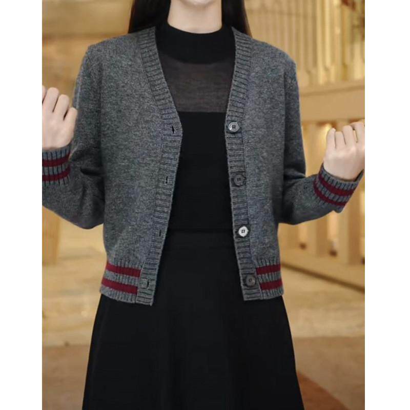 JOYIASS春装衫女士秋新款拼色毛衣外套V领针织开 衫外搭短款洋派