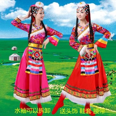 新款藏族舞蹈演出服装 女 成人水袖少数民族服长短袖广场舞表演服