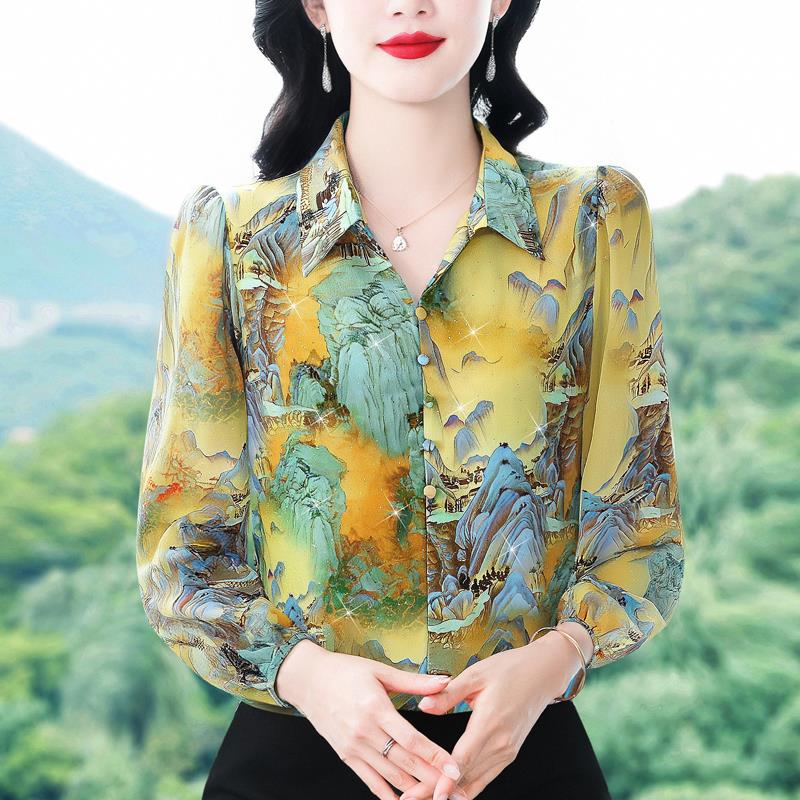 JOYIASS时尚印花polo领长袖雪纺衬衫女秋季新款洋派妈妈减龄小衫