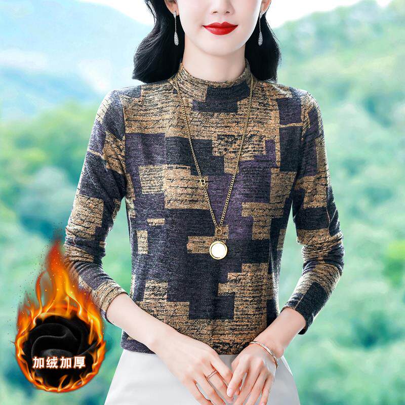 JOYIASS时尚打底衫女妈妈款秋冬装洋气减龄欧货小衫内搭印花长袖
