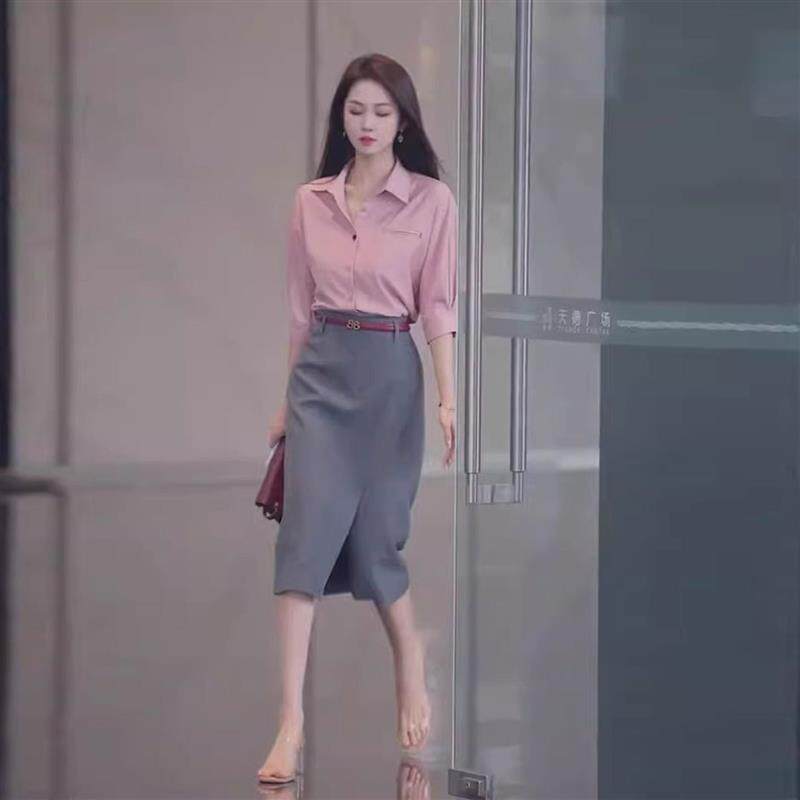 BLLOUKE夏季正式场合高端精致高级感厅里厅气职场通勤粉色衬衫连