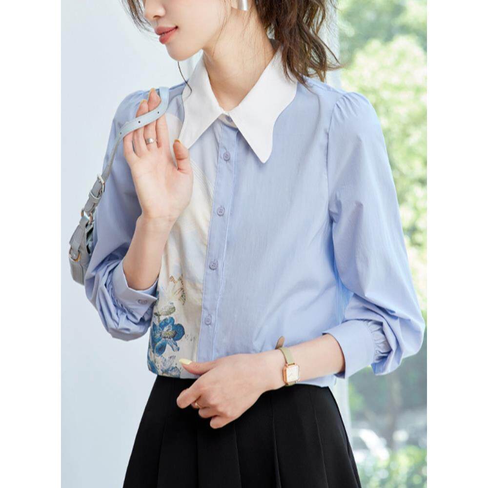 JOYIASS2025秋季设计感撞色印花长袖蓝色衬衫女别致撞色上衣高级