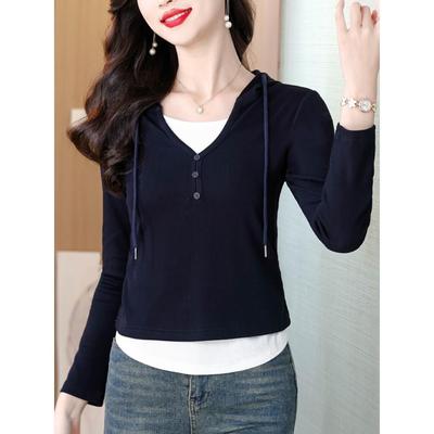 JOYIASS连帽t恤女长袖假两件纯修身上衣洋气秋衣外穿春秋带帽衫打