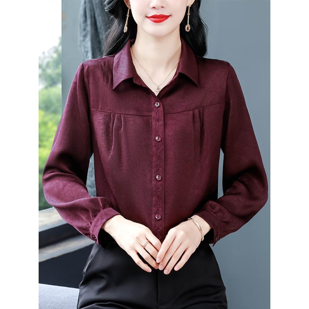 JOYIASS法式长袖衬衣女春秋新款妈妈装宽松百搭洋气减龄气质刺绣