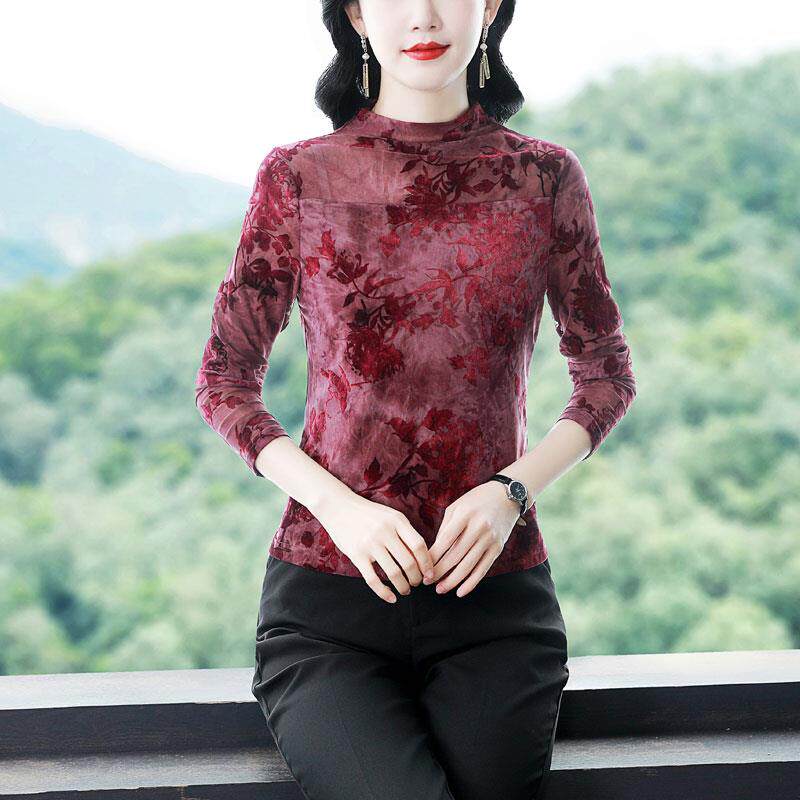 JOYIASS新中式植绒网纱打底小衫女装长袖春秋冬新款妈妈国风立领t