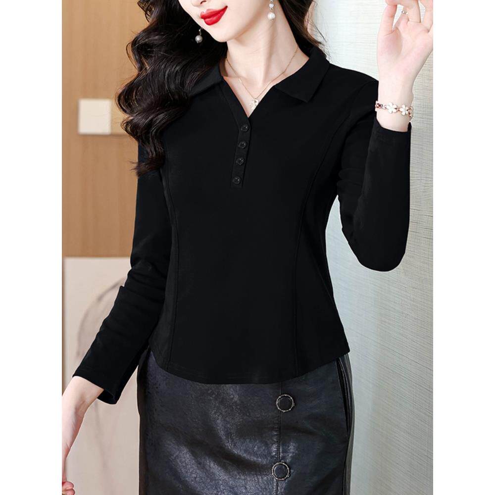 JOYIASS黑色POLO领修身长袖T恤女2025春秋新款显瘦小个子百搭打底