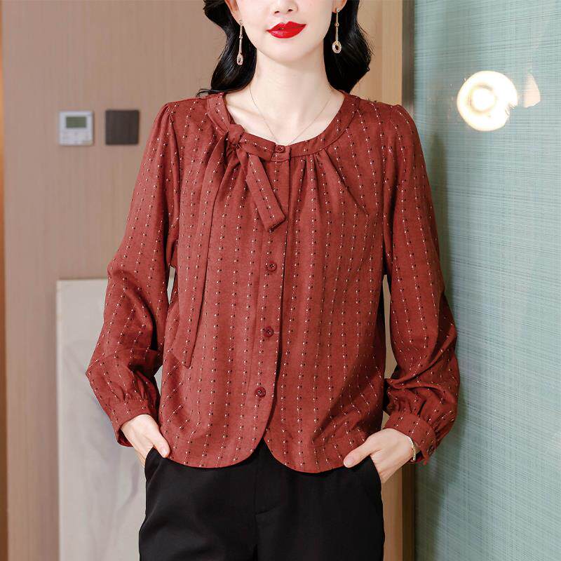 JOYIASS蝴蝶结圆领衬衫女长袖2025秋季新款设计感小个子显瘦上衣
