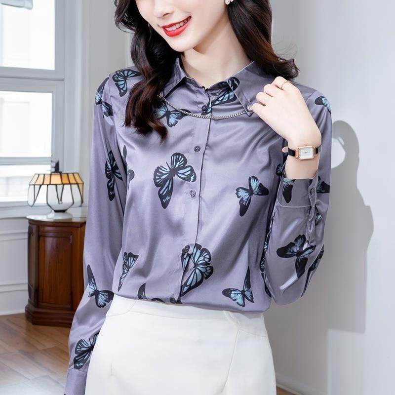 JOYIASS仿洋气衬衫女2025春秋新款中年妈妈蝴蝶印花衬衣女上衣打