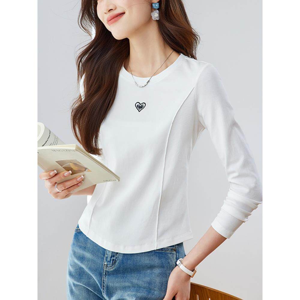 JOYIASS白色内层女装衬衫2025年春季新款心形绣花长袖t恤外穿修身