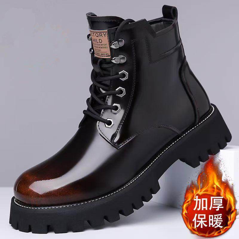马丁靴冬季真皮亮皮羊毛加绒保暖棉鞋中帮覆古厚底工装靴厚底皮靴