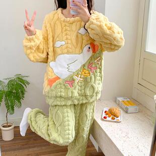 珊瑚绒加绒加厚睡衣女士秋冬季2025新款冬天可爱法兰绒家居服套装