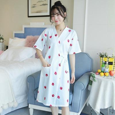 睡袍女夏季纯棉浴袍衣女士中长款睡裙和服草莓睡衣春秋薄款家居服