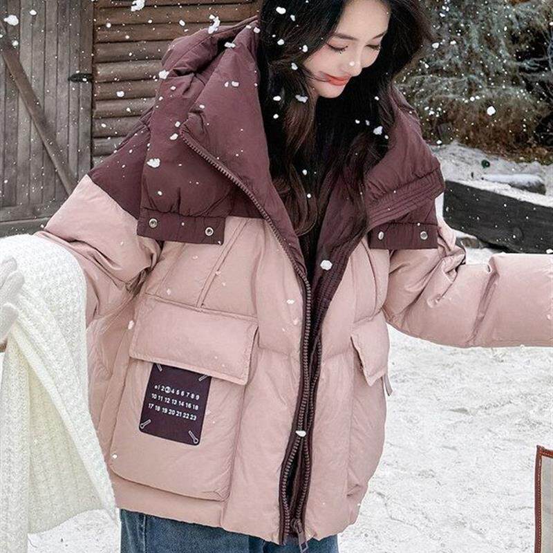 拼接羽绒棉服女2025冬新款棉衣韩版宽松ins棉袄加厚保暖连帽外套