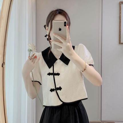 复古盘扣短袖衬衫女夏季2025年新款设计感小众短款新中式国风上衣
