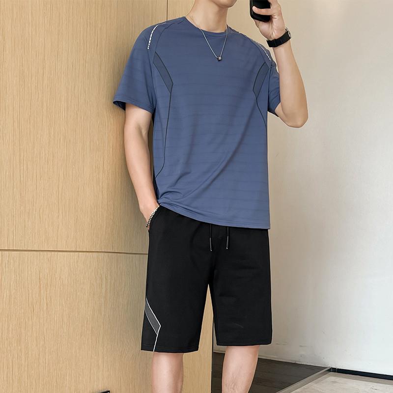 夏季男士冰丝速干运动短袖短裤套装时尚潮流韩版宽松五分裤两件套