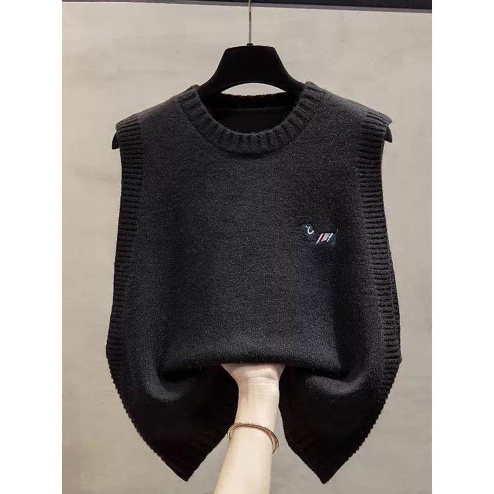 JOYIASS慵懒风圆领针织马甲女灰色韩版宽松外搭叠穿无袖毛衣背心