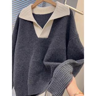 JOYIASS慵懒风翻领撞色针织衫女秋冬宽松高级感毛衣外穿百搭休闲