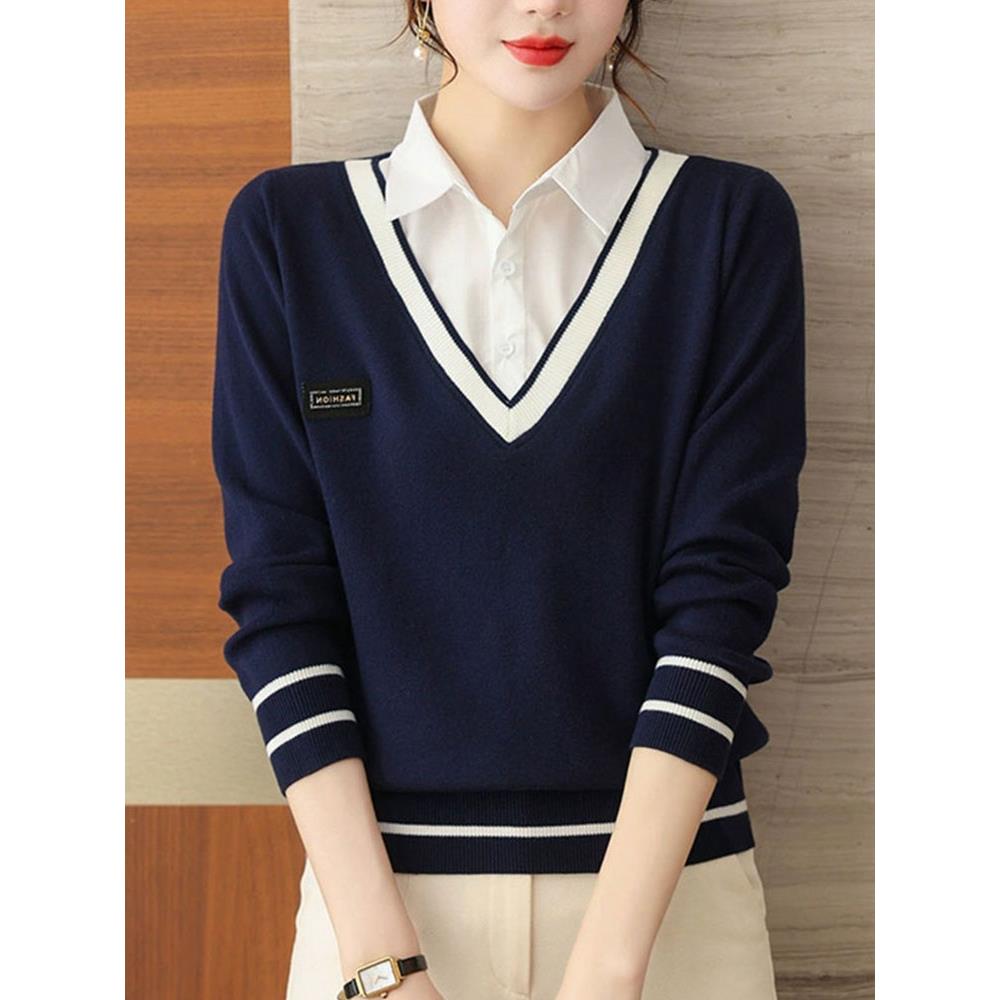 JOYIASS2025秋新款假两件衬衫领长袖上衣女宽松显瘦百搭洋气中年