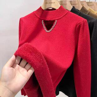 JOYIASS加绒毛衣女2025冬季新款洋气一体绒钉珠设计感漏洞上衣针