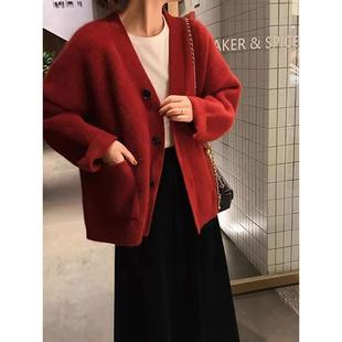 JOYIASS2025秋新款慵懒风宽松v领针织开衫女高级感韩系毛衣外套黑