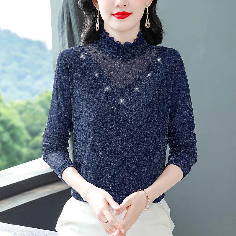 JOYIASS蕾丝网纱打底衫女2025秋季新款半高领长袖内搭可外穿小衫