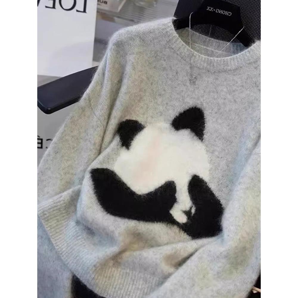 JOYIASS2025冬新款慵懒风小熊猫刺绣毛衣宽松外穿加厚软糯针织打