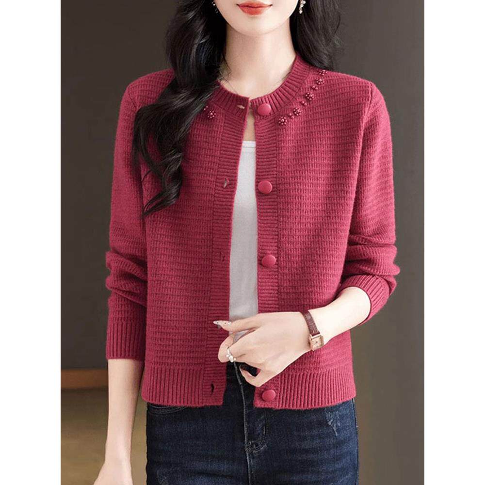 JOYIASS轻熟简约风绿色圆领针织开衫女外搭纽扣毛衣外套高级感洋