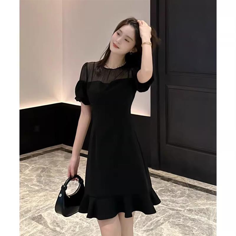 BLLOUKE大码胖mm时尚穿搭黑色网纱拼接鱼尾连衣裙女设计