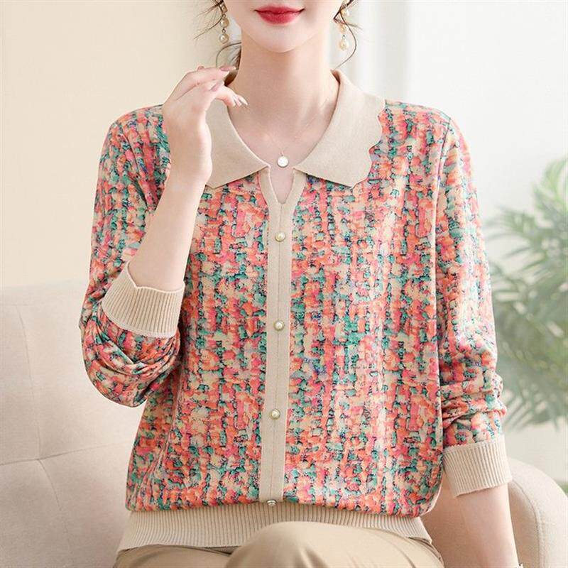 妈妈装翻领纯棉针织小衫春秋长袖秋衣外穿T恤中老年女秋季打底衫