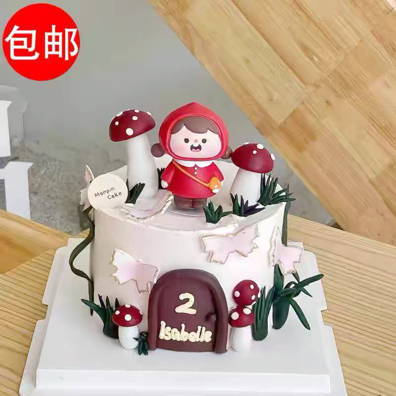 网红烘焙蛋糕装饰田园风小红帽女孩摆件蘑菇枫叶树插件生日配件