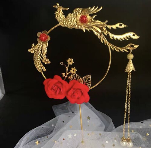 生日蛋糕装饰摆件 古风玫瑰花流苏吊坠铁艺圆环插旗复古凤凰皇冠