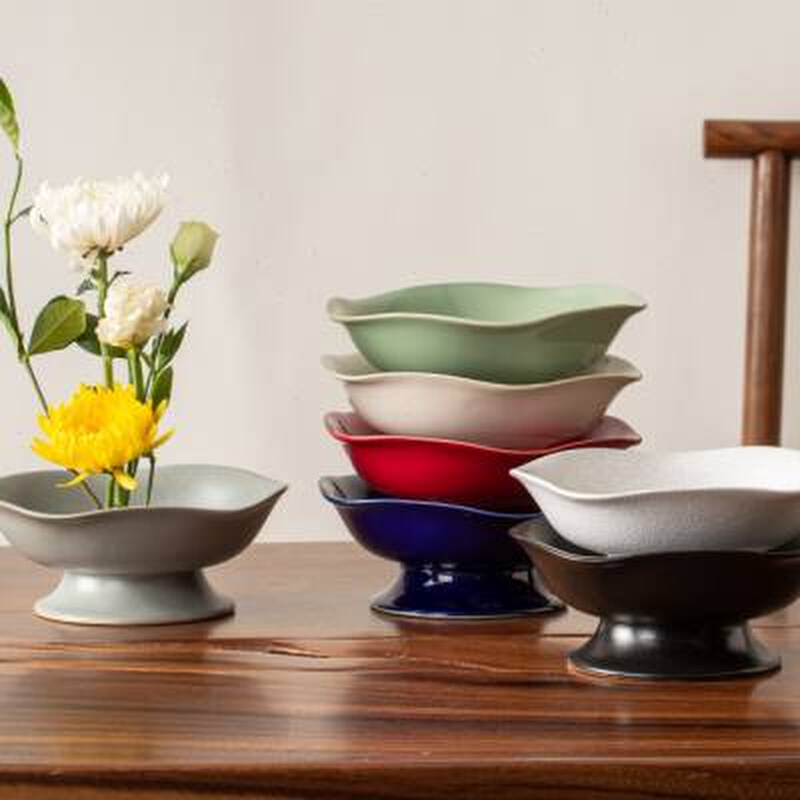 日式剑山插花器花盆中式陶瓷高足盘茶点盘果盘器皿家居装饰摆件