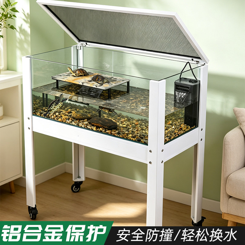 养龟落地缸生态造景玻璃缸带排水大型深水乌龟缸金属架带轮子盖子