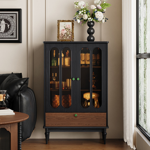 餐边柜靠墙一体储物柜2025新款中古风家用客厅展示柜玻璃柜可定制