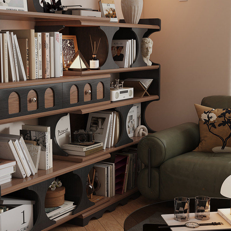 美式复古半墙书柜矮书架靠墙一体可伸缩客厅陈列柜中古风展示柜