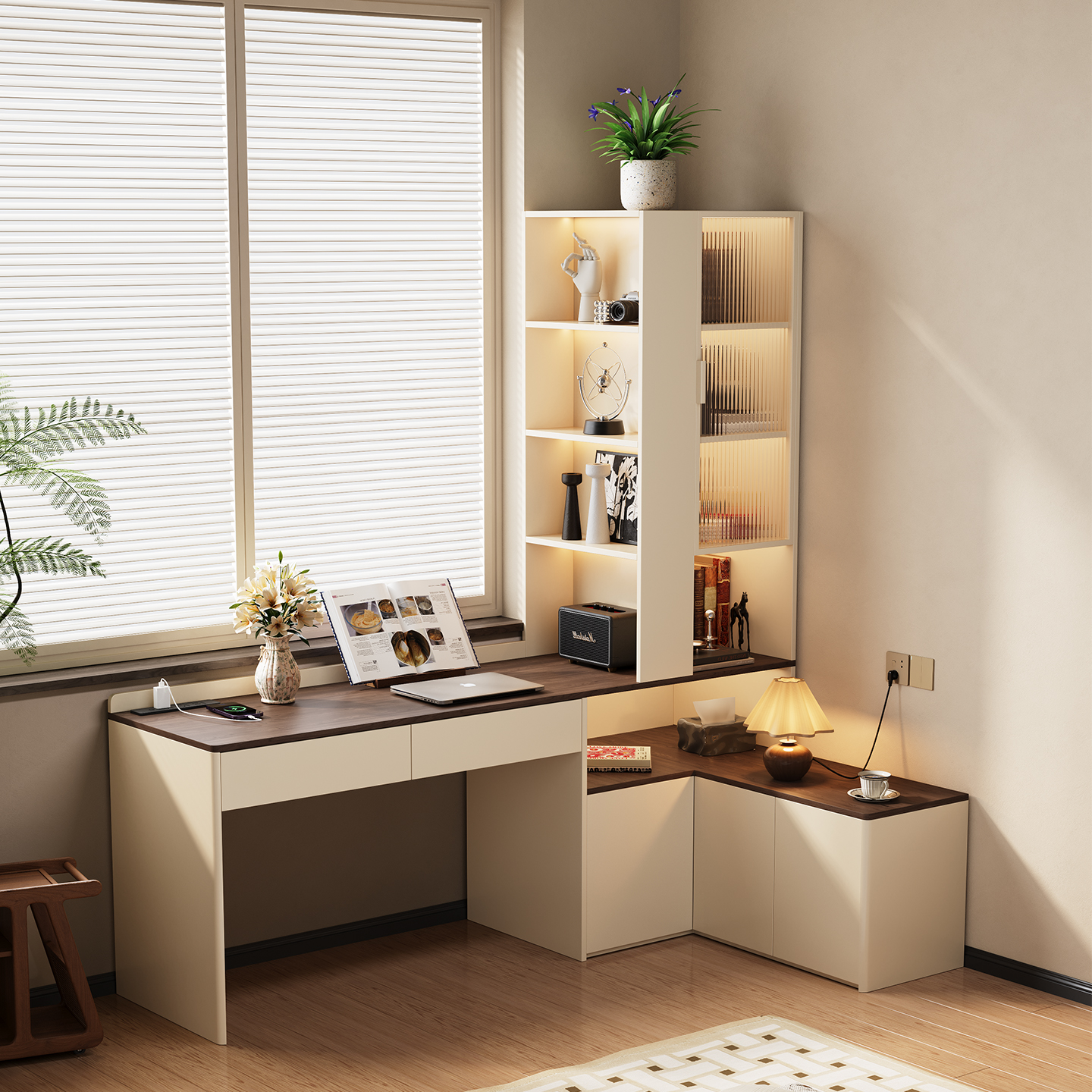 书桌转角书柜一体小户型