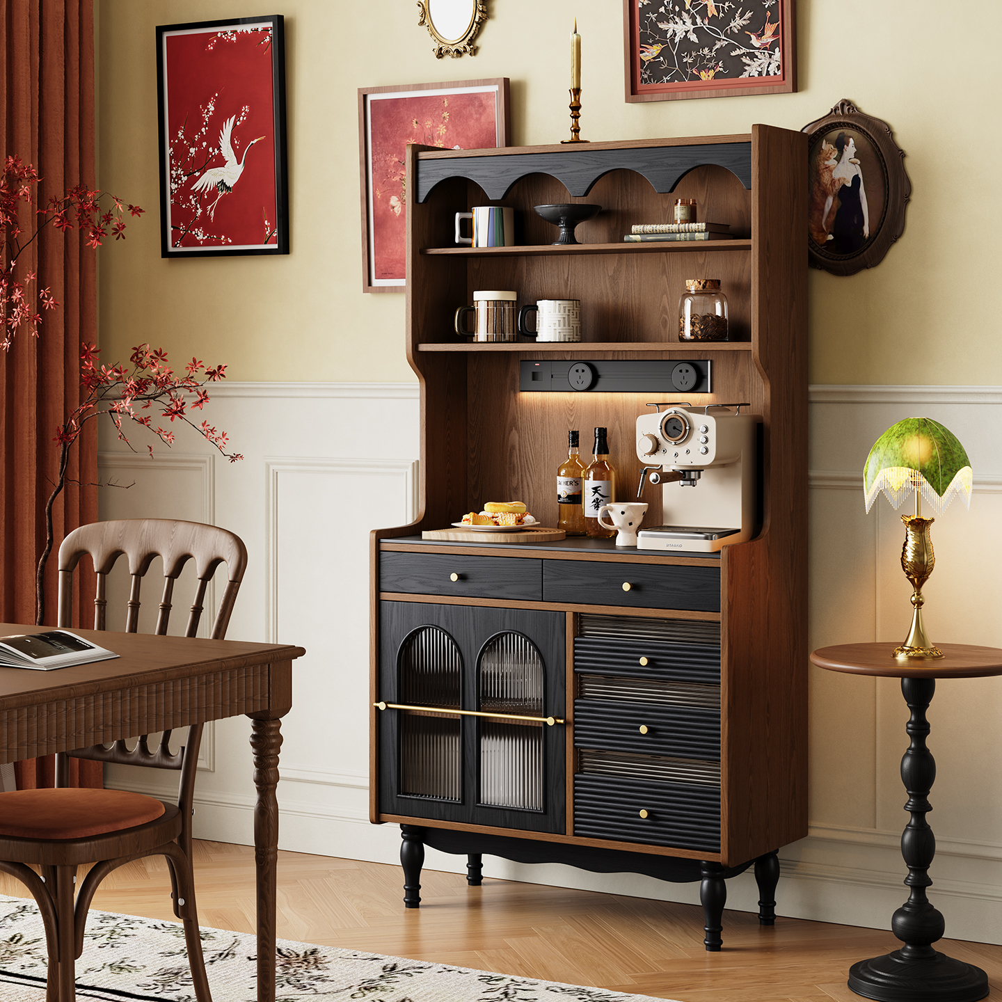 法式复古实木餐边柜靠墙一体