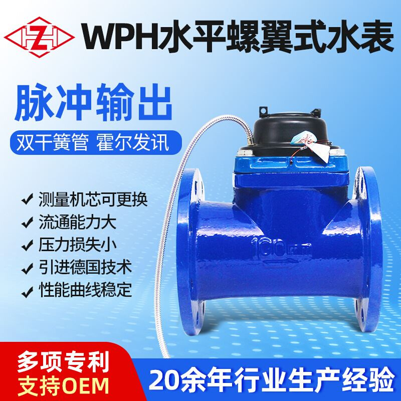 WPH水平螺翼可拆水表铸铁蓝壳有线脉冲灌溉铜封光电直读 DN40-200