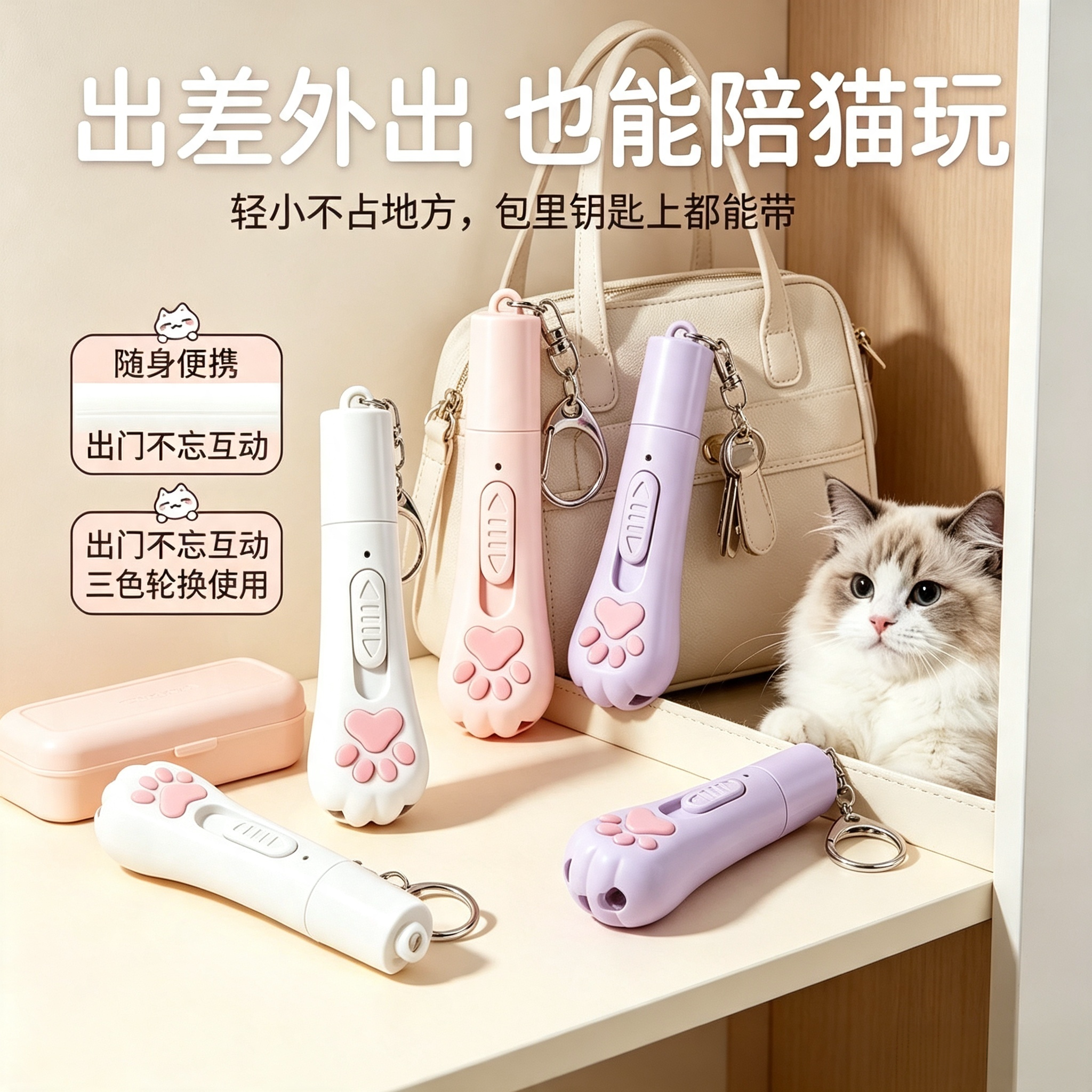 便携式猫爪造型逗猫棒钥匙扣随身携带出门互动宠物玩具轻小不占地