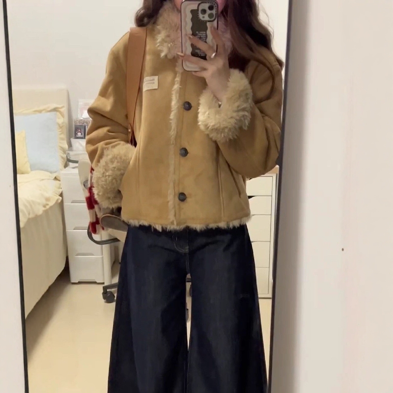 复古加绒加厚麂皮棉衣外